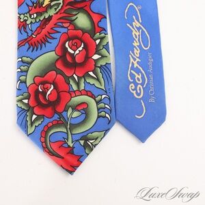 Ed Hardy By Christian Audigier Vibrant Blue Tie with Dragon and Roses